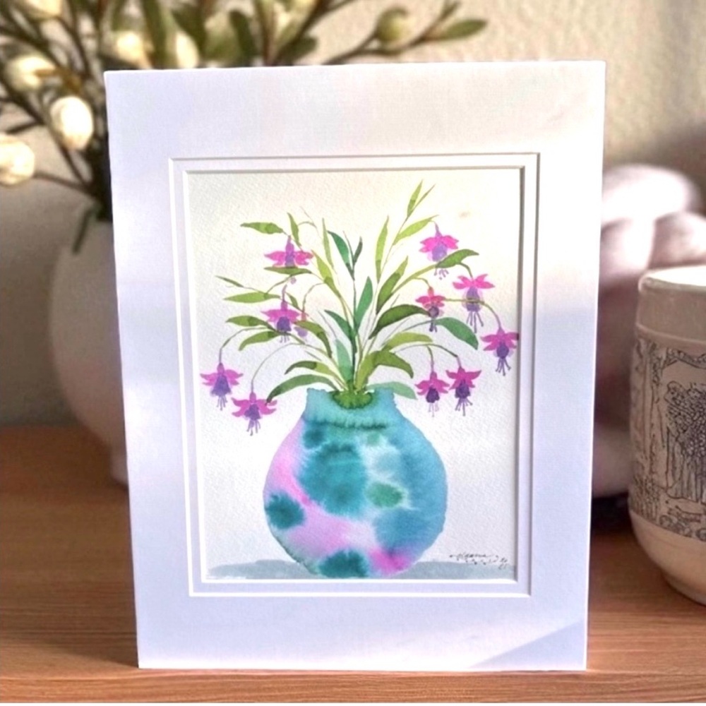 Hand-Made New Watercolor Art Vase with Fuchsia